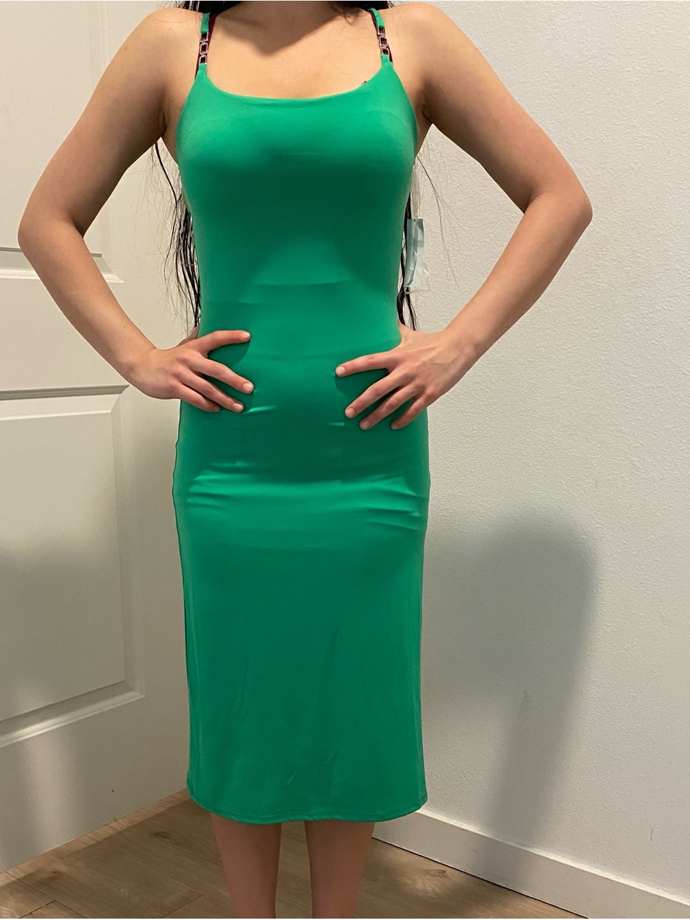 Planet Gold Emerald Green Slip Midi Dress with Spaghetti Straps